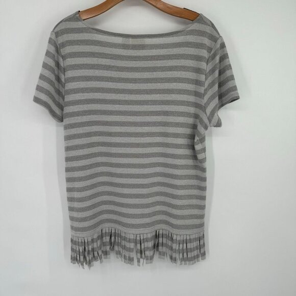 Chicos 2 Womens Size large Gray metallic Striped Short Sleeve Top fringed Hem - Picture 9 of 12